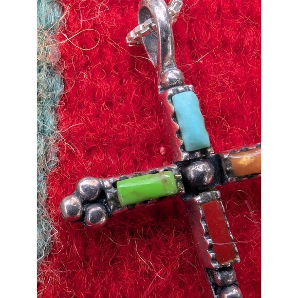 Vintage Sterling Southwestern Inlay Cross Necklace: Religious Gift - Picture 8 of 14